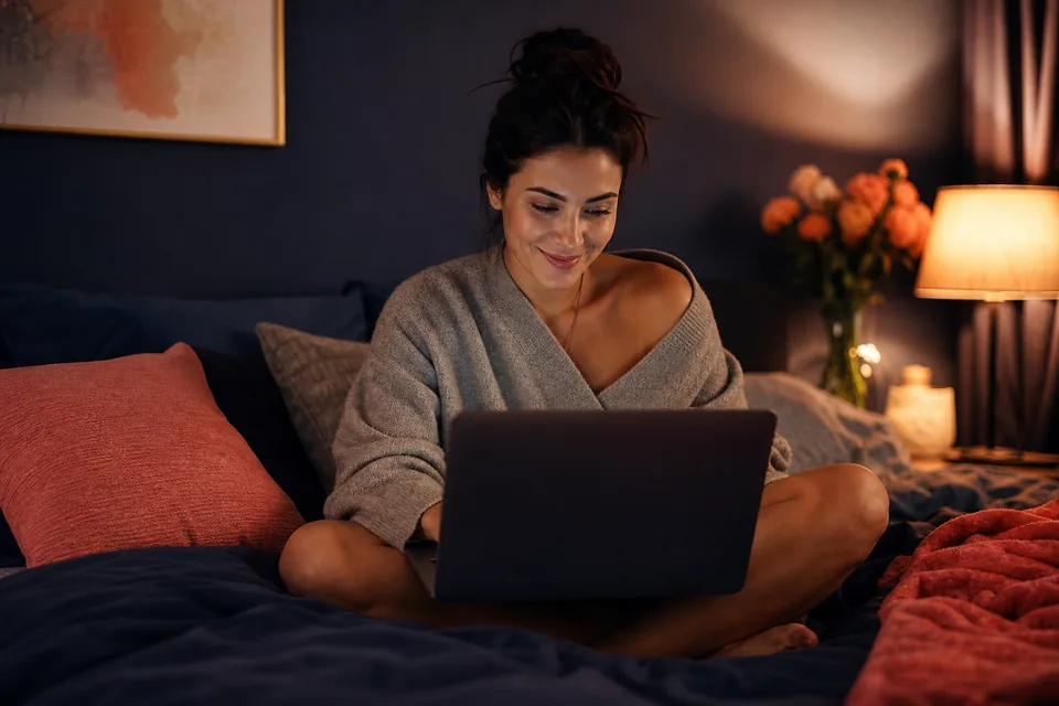 Woman on her bed in the evening browsing a membership on her laptop