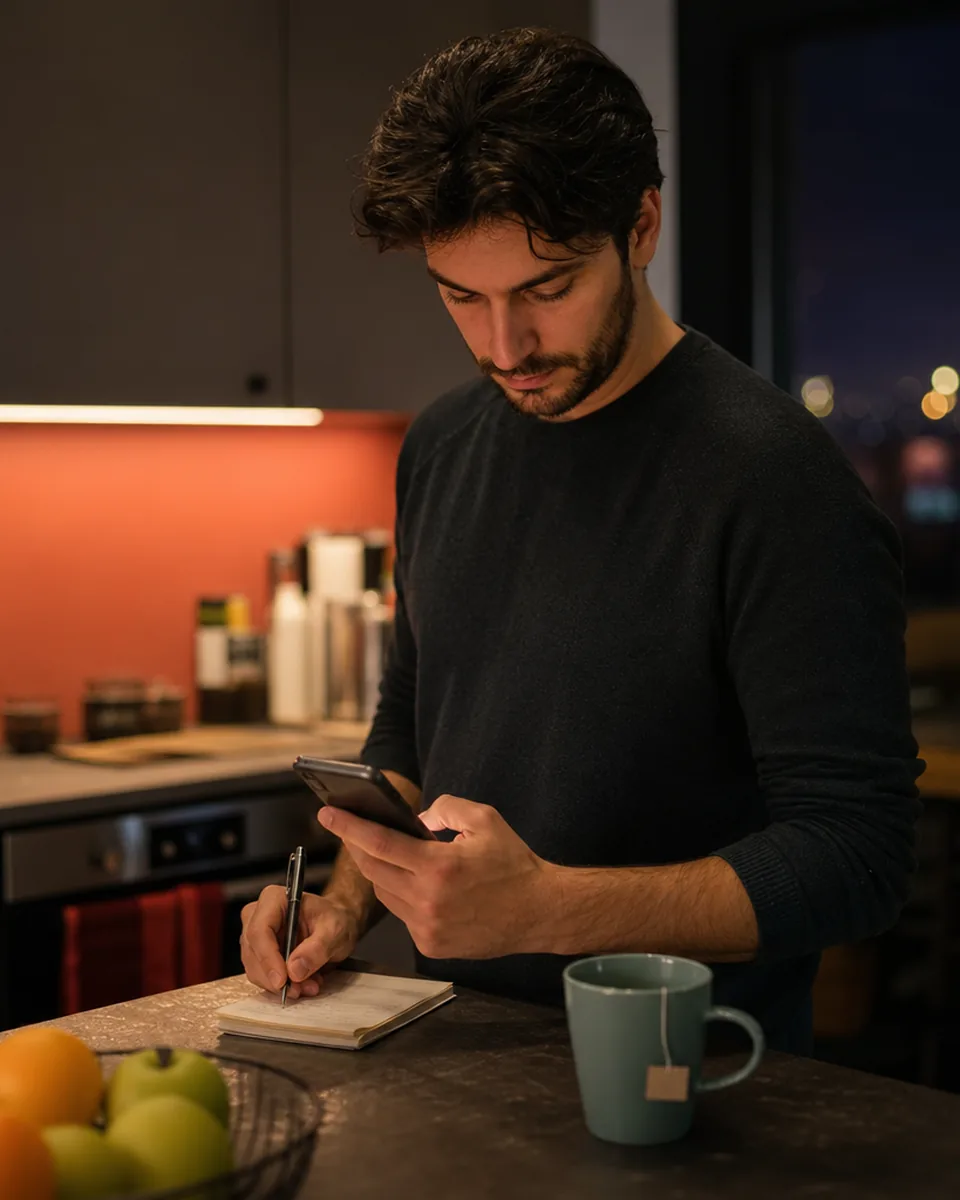 Man at a kitchen counter at night comparing subscription costs on a phone and a notebook