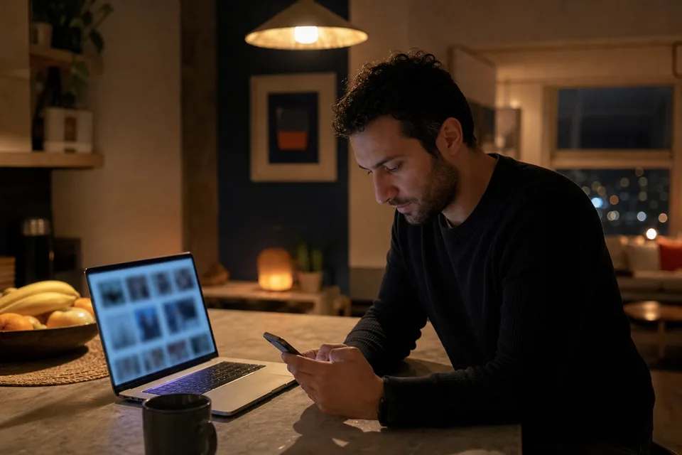 Man at a kitchen island at night comparing video stores on his phone and laptop