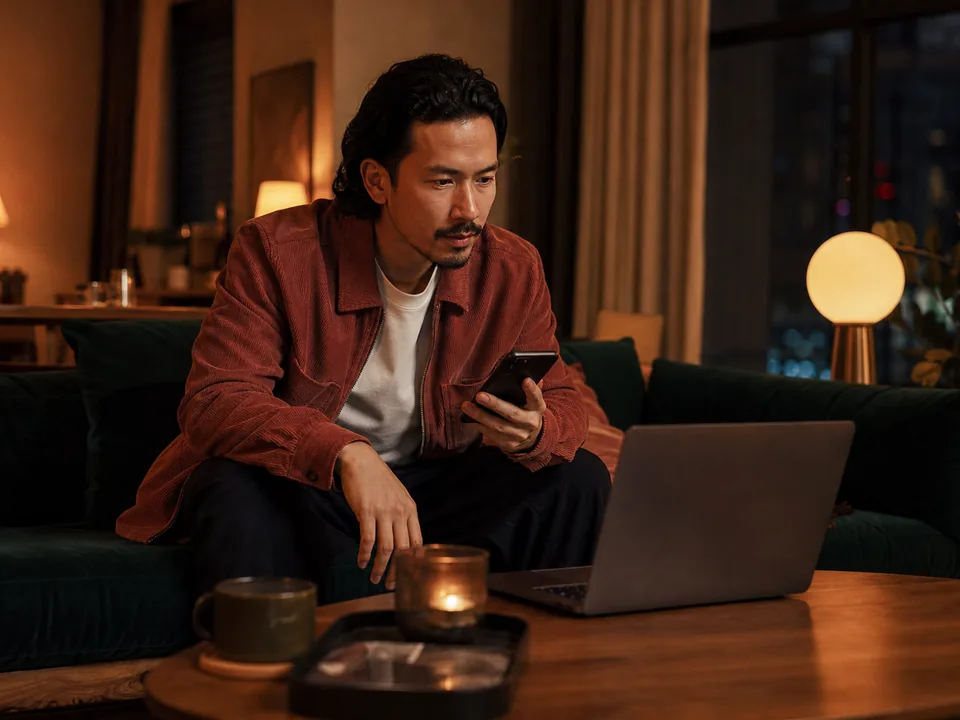 Man on a sofa at night comparing streaming memberships on a laptop