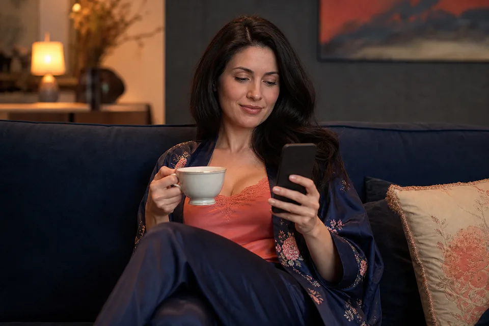 Woman relaxing on a sofa in the evening with tea, checking a membership on her phone