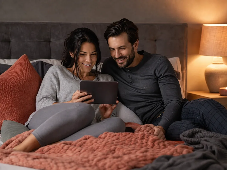 Couple choosing what to watch together on a tablet in bed