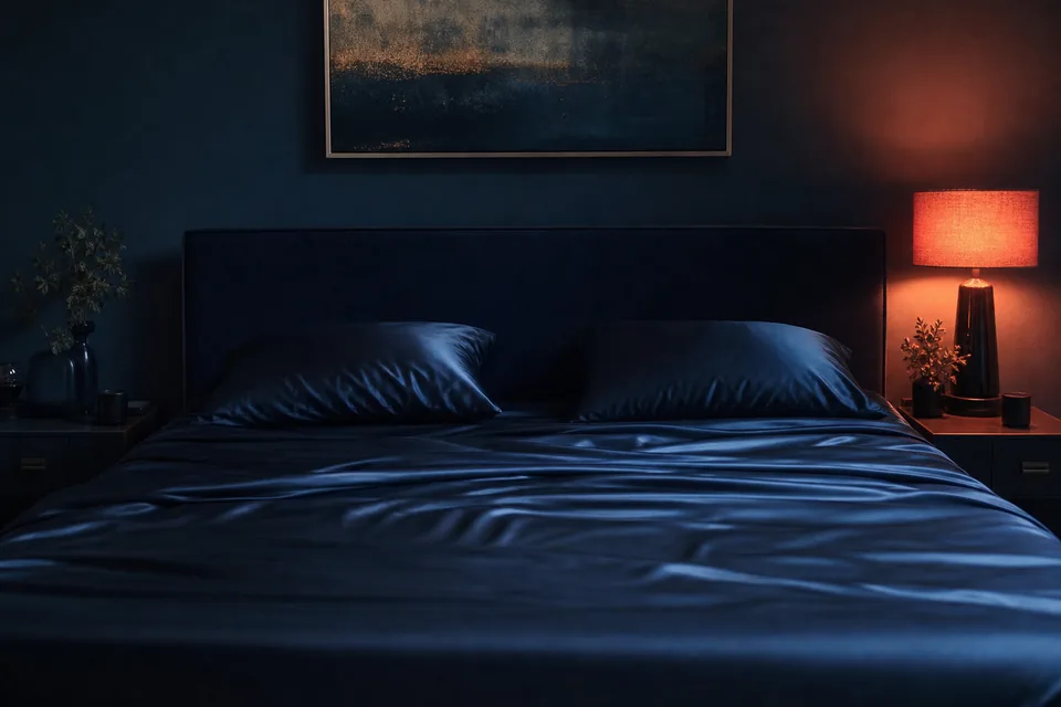Two pillows at opposite ends of a made bed