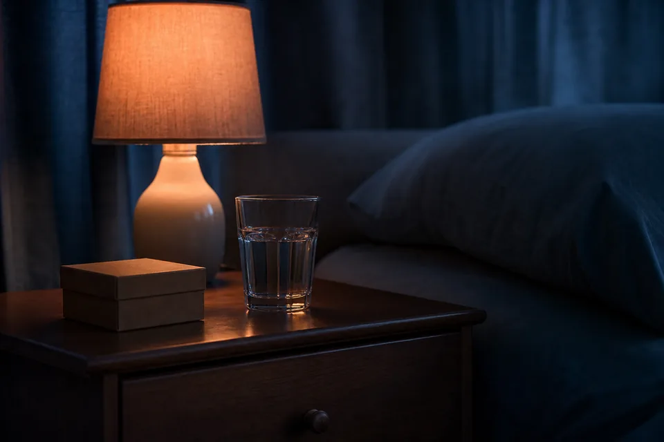 Bedside table with a lamp, a glass of water and a small closed box