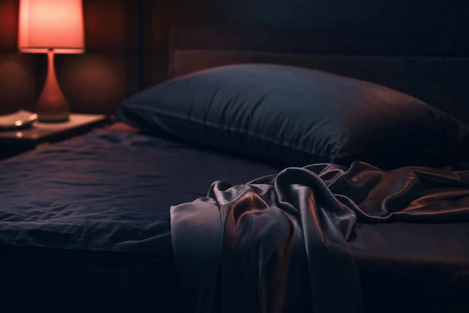Edge of a bed with a pillow and a silk sheet