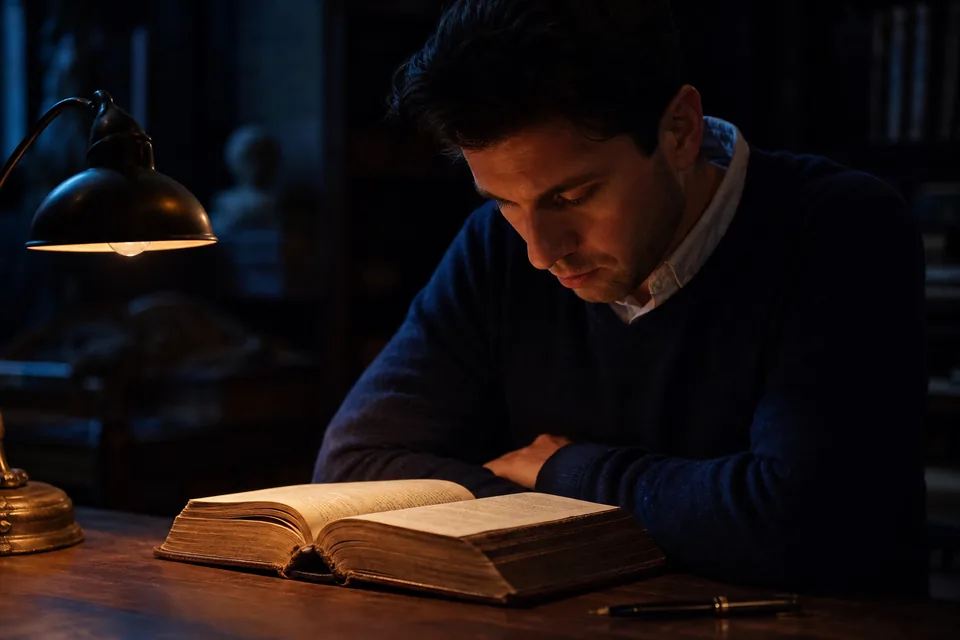 Old Latin dictionary open on a dark desk under a lamp