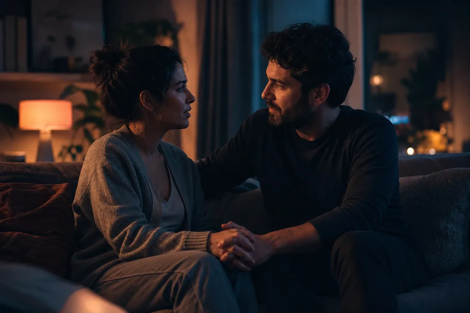 Couple holding hands and talking on a sofa