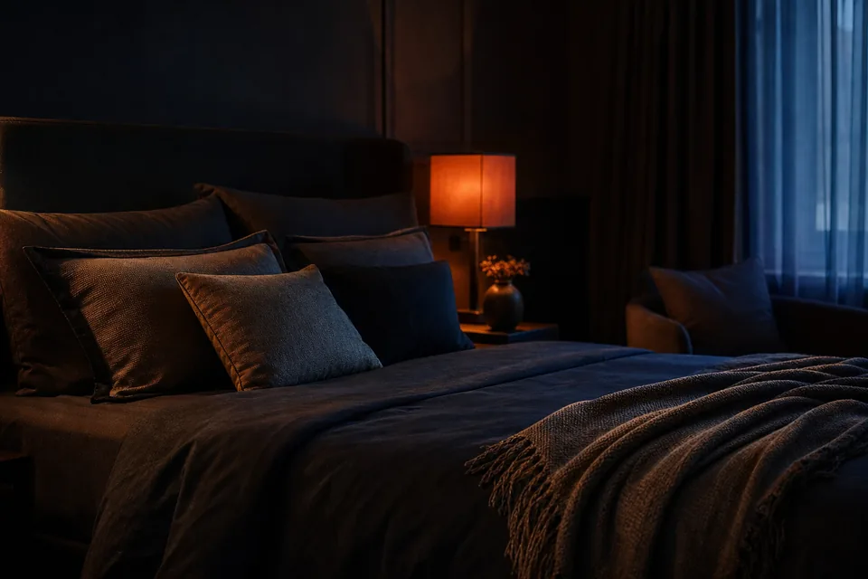 Pillows and a throw arranged at the edge of a bed
