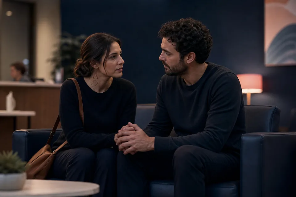 Two adults waiting together in a calm clinic