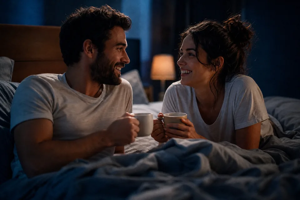 Couple talking and laughing in bed in the morning