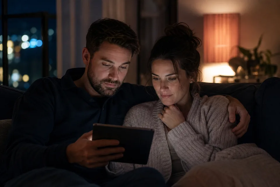 Couple on a sofa choosing a film on a tablet at night