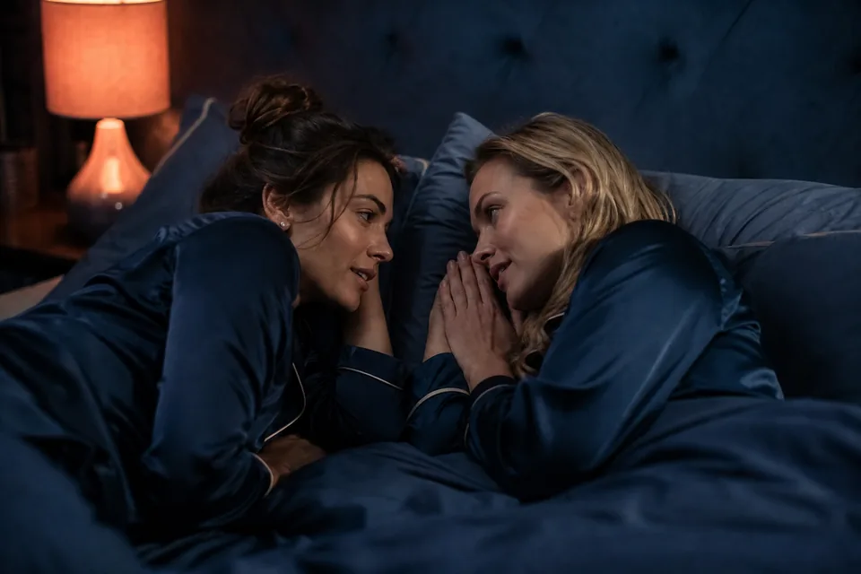 Two women talking closely on a bed