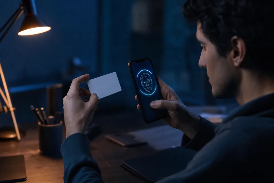 Hand holding an identity card next to a phone showing a verification screen